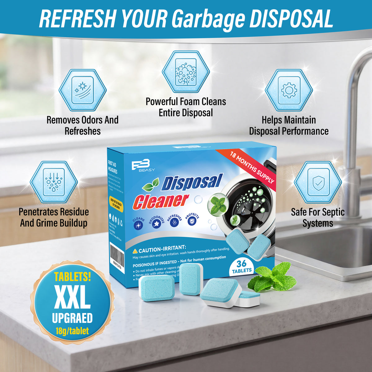 Beasy Garbage Disposal Cleaner and Deodorizer, 36 Pack XXL Powerful Foaming Sink Disposal Cleaner Tablets, Mint Scent Garburator Freshener, Natural Kitchen Drain Cleaning Care, 18 Months Supply
