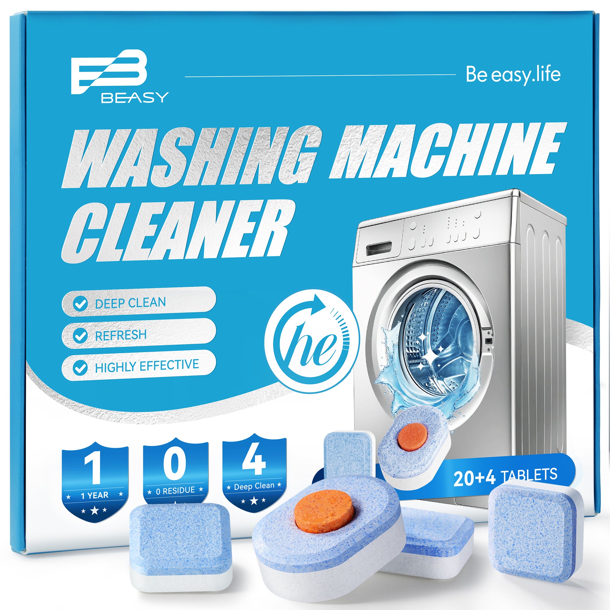 Beasy Washing Machine Cleaner Tablets 24 Count for HE Front and Top Loaders Include Deep & Basic