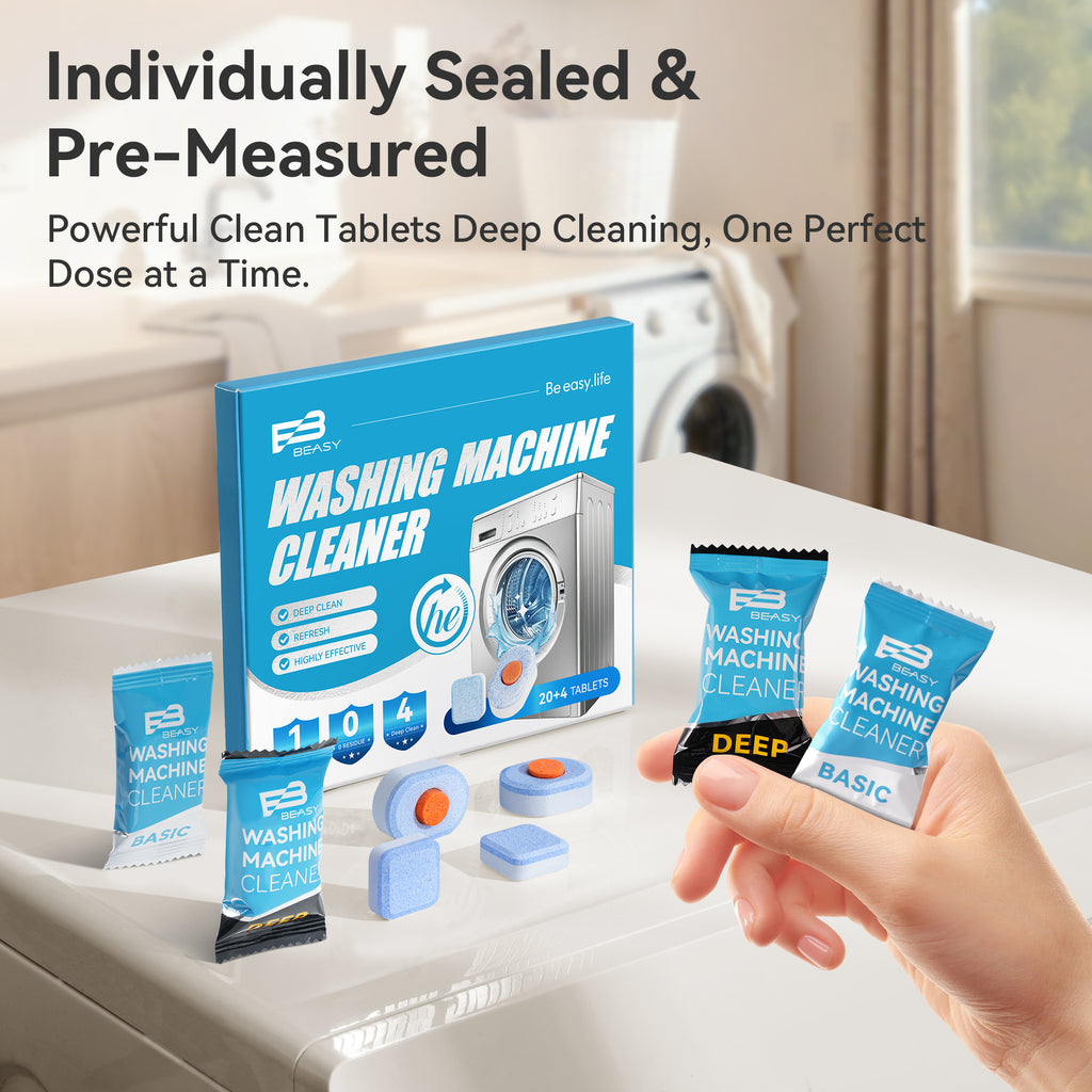 Beasy Washing Machine Cleaner Tablets 24 Count for HE Front and Top Loaders Include Deep & Basic