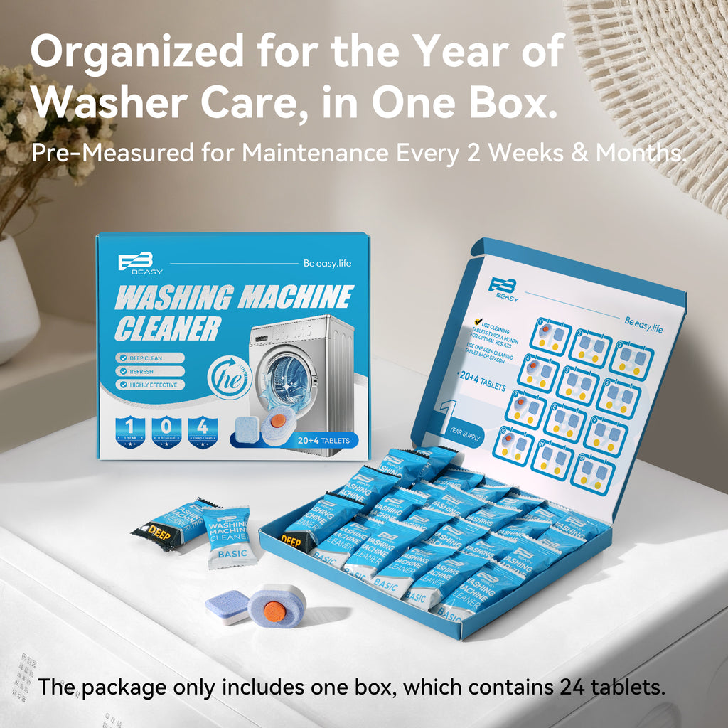 Beasy Washing Machine Cleaner Tablets 24 Count for HE Front and Top Loaders Include Deep & Basic