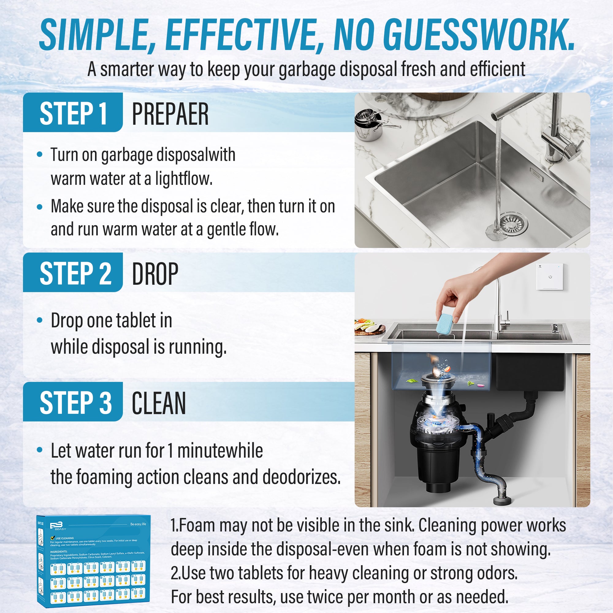 Beasy Garbage Disposal Cleaner and Deodorizer, 36 Pack XXL Powerful Foaming Sink Disposal Cleaner Tablets, Mint Scent Garburator Freshener, Natural Kitchen Drain Cleaning Care, 18 Months Supply