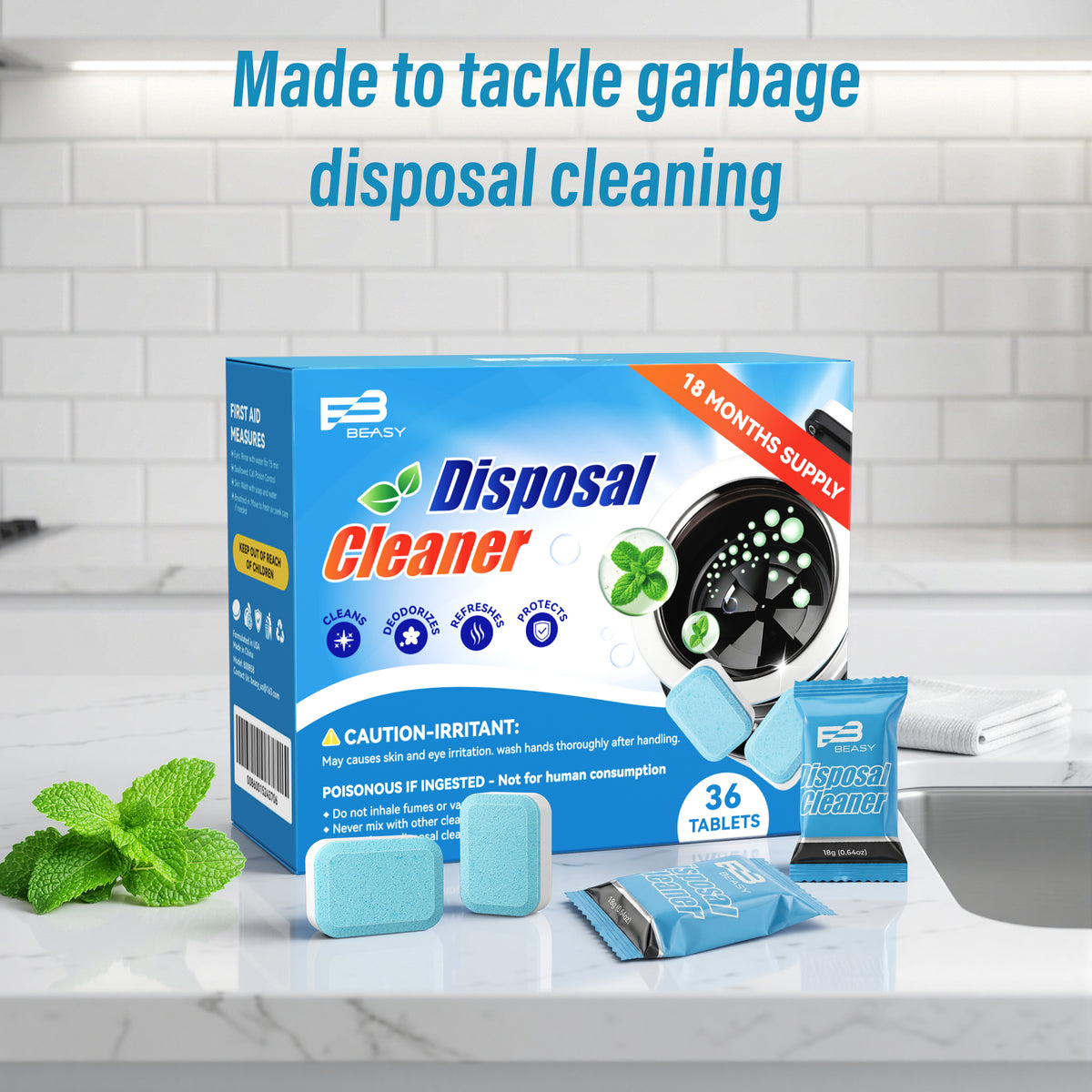 Beasy Garbage Disposal Cleaner and Deodorizer, 36 Pack XXL Powerful Foaming Sink Disposal Cleaner Tablets, Mint Scent Garburator Freshener, Natural Kitchen Drain Cleaning Care, 18 Months Supply