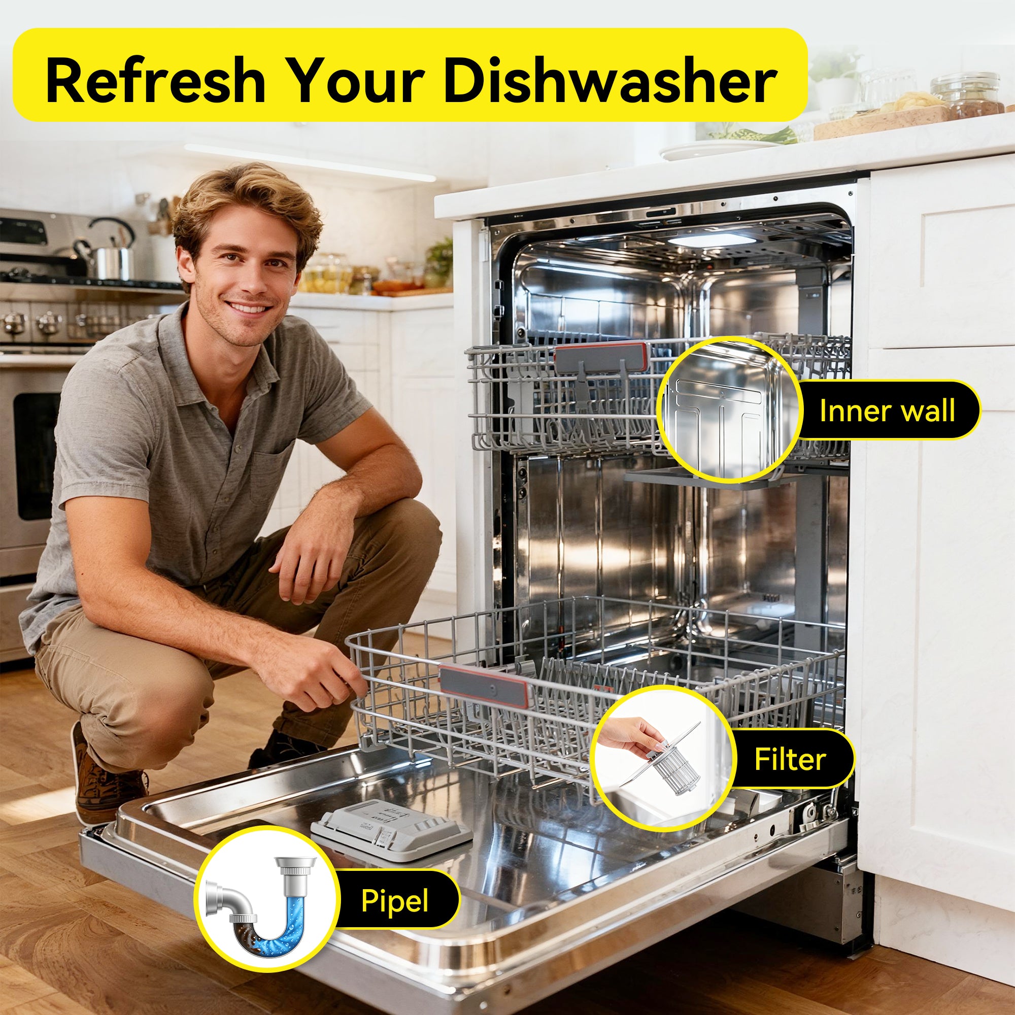 Beasy Dishwasher Cleaner Tablets - Powerful Descaler Pods to Remove Hard Water Buildup, Grease & Food Residue - 24 Tablets