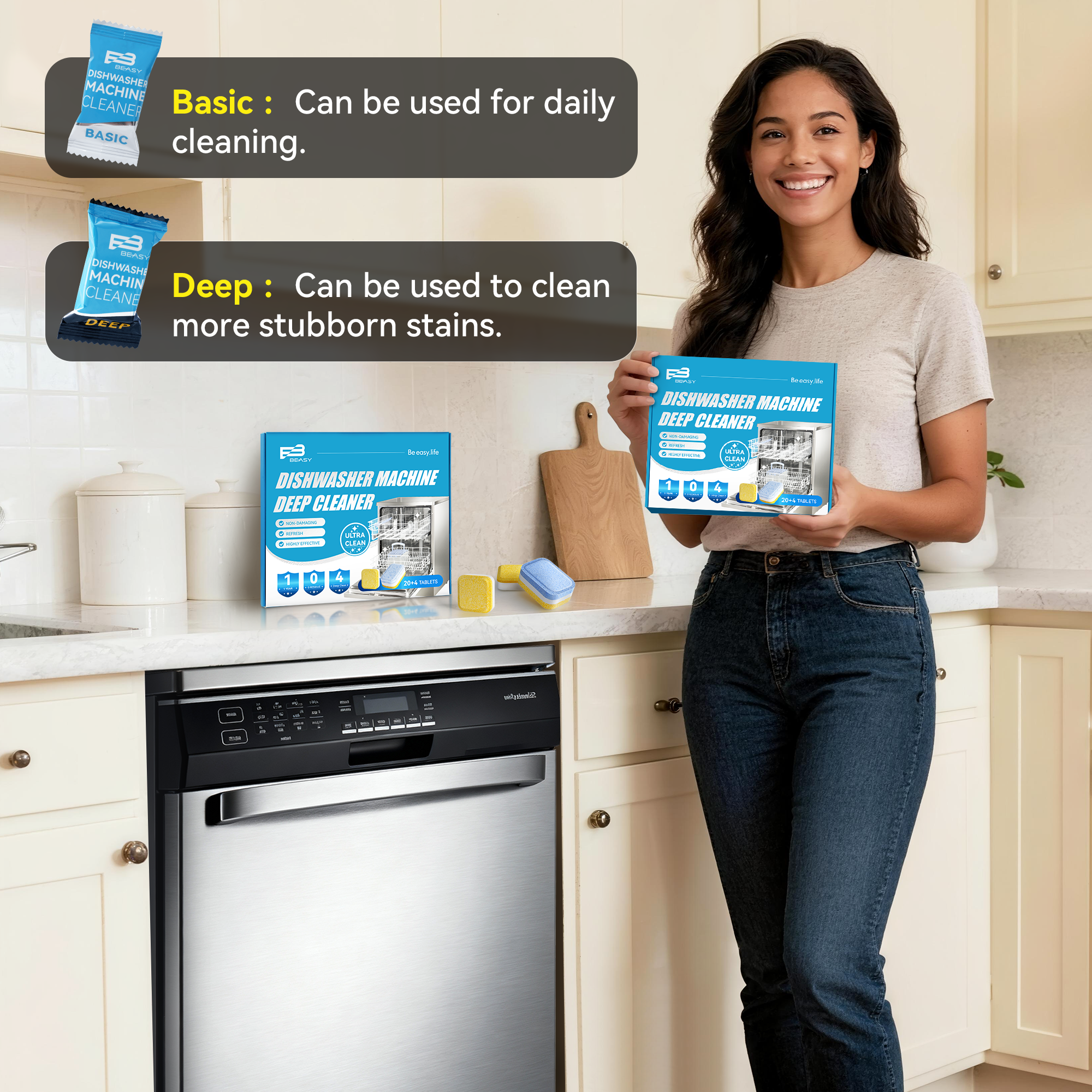 Beasy Dishwasher Cleaner Tablets - Powerful Descaler Pods to Remove Hard Water Buildup, Grease & Food Residue - 24 Tablets